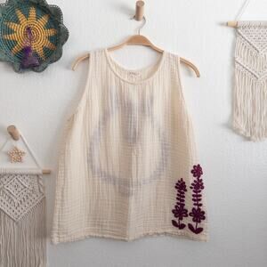 Novica Beige Cream Gauzy Cotton Bohemian Floral Embroidered Tank Top Size XL